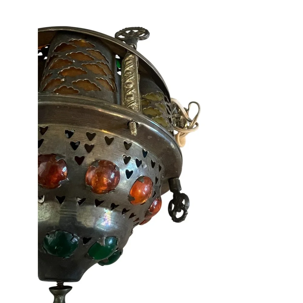 Vintage Moroccan Brass Jeweled Lantern Hanging Swag Lamp Colorful Glass Cabochon